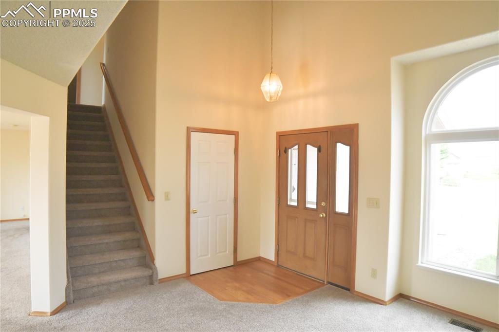 Image 8 of 48: Carpeted foyer with stairway, healthy amount of natural light, and a toweri