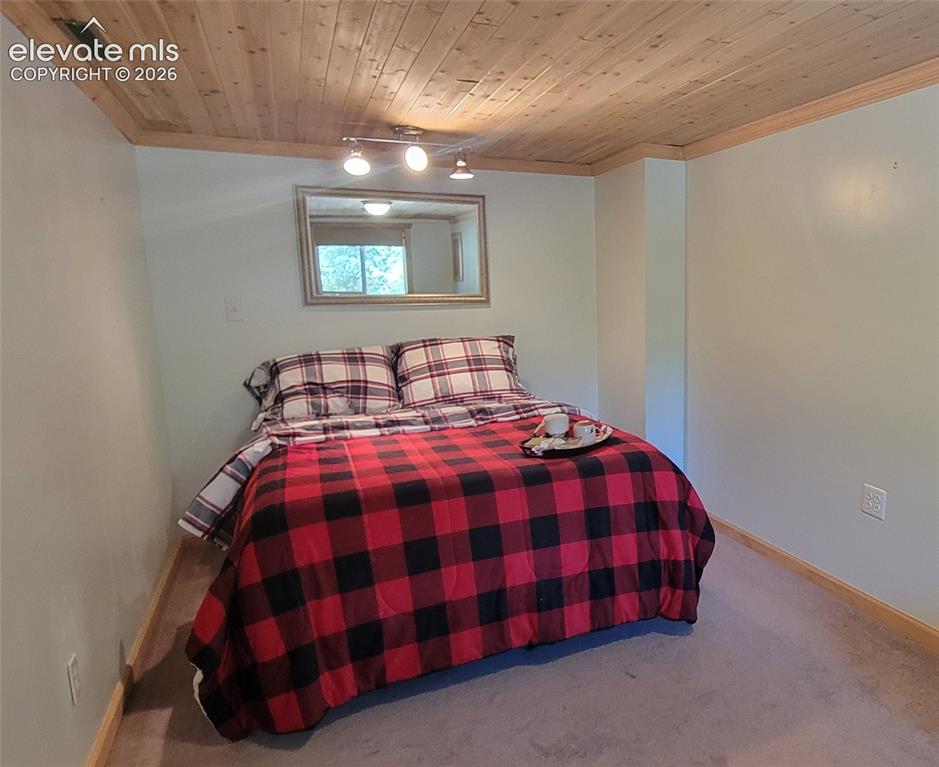 Image 21 of 30: Downstairs large bedroom. Wood-finish plank ceiling with track lighting, li