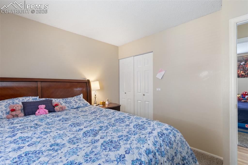 Image 13 of 29: Carpeted bedroom with a closet and a textured ceiling