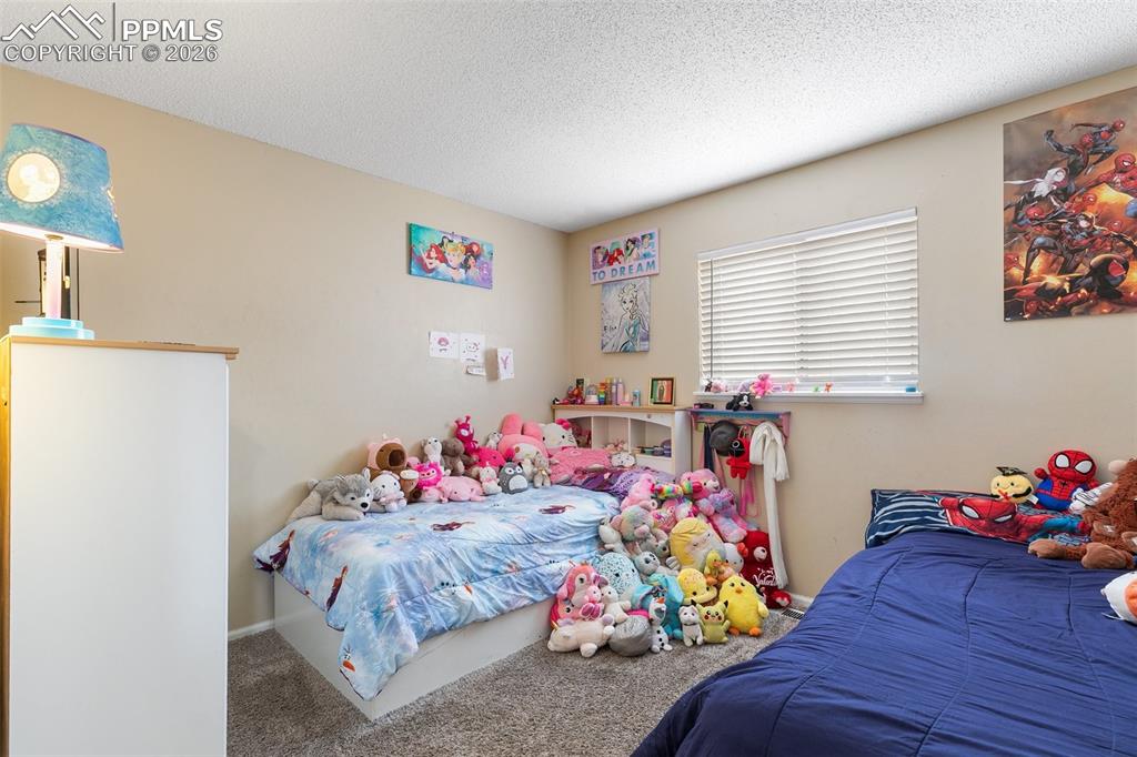 Image 15 of 29: Bedroom with carpet floors and a textured ceiling