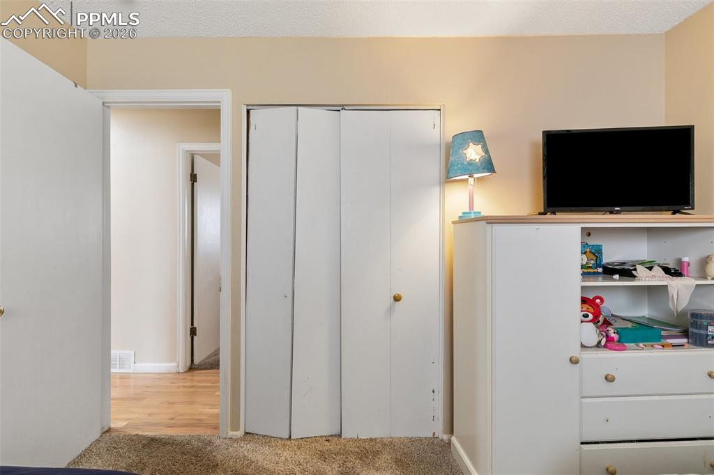 Image 16 of 29: Carpeted bedroom with a closet and a textured ceiling