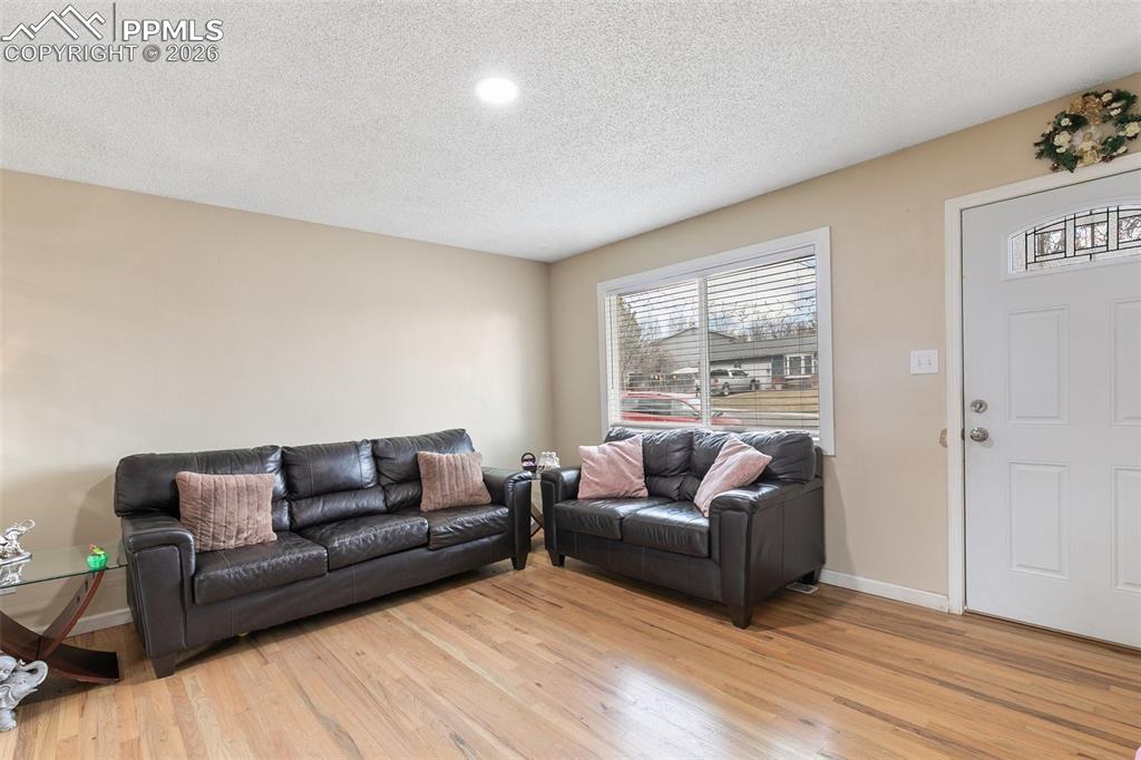 Image 2 of 29: Living room with a textured ceiling and light wood-type flooring