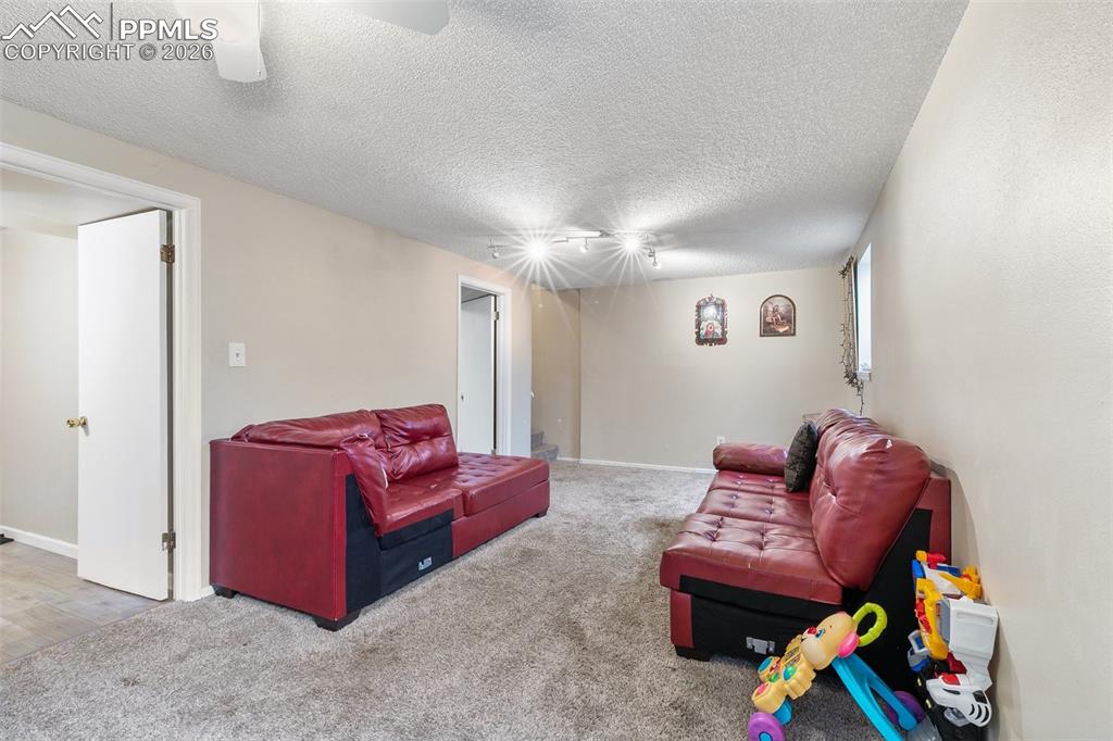 Image 20 of 29: Carpeted living area with a textured ceiling