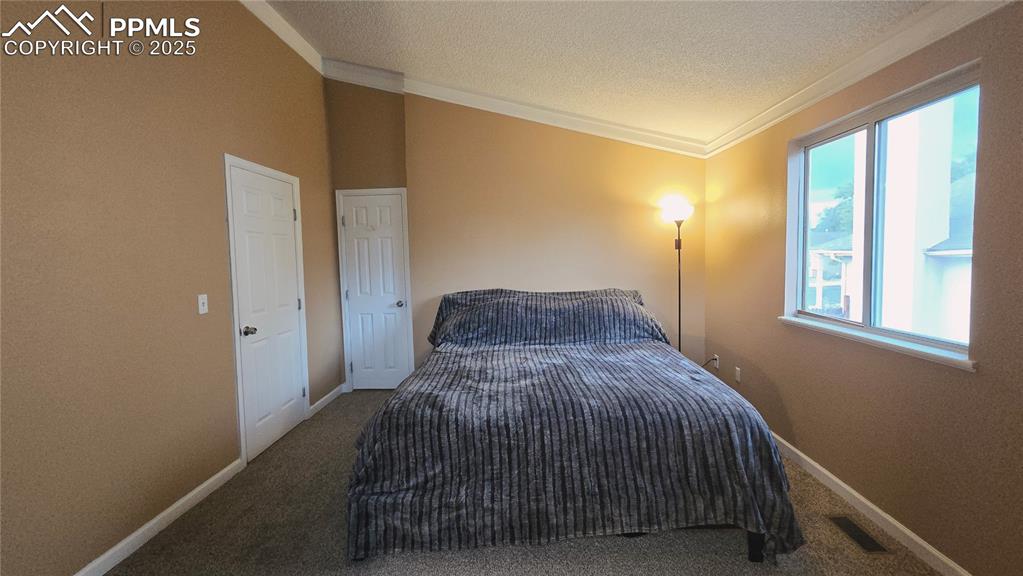 Image 16 of 42: Carpeted bedroom featuring crown molding and a textured ceiling