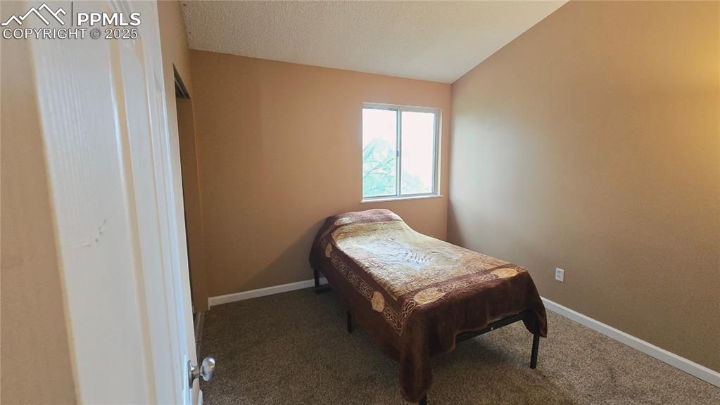 Image 19 of 42: Bedroom with carpet, a textured ceiling, a closet, and vaulted ceiling