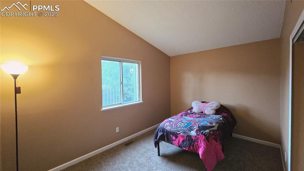 Image 22 of 42: Carpeted bedroom featuring lofted ceiling and a textured ceiling