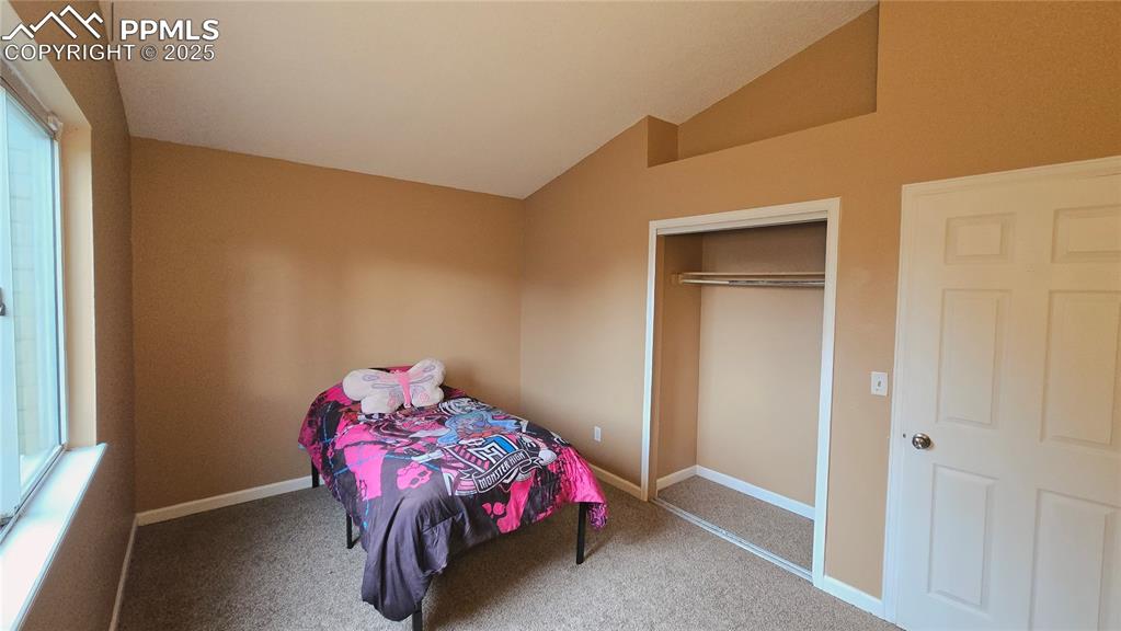 Image 24 of 42: Bedroom featuring vaulted ceiling, carpet flooring, and a closet