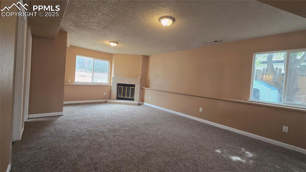 Image 30 of 42: Unfurnished living room featuring a fireplace, carpet, and a textured ceili