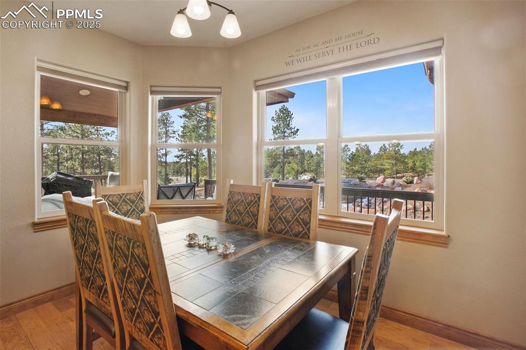 Image 21 of 48: Dining area featuring wood finished floors and baseboards