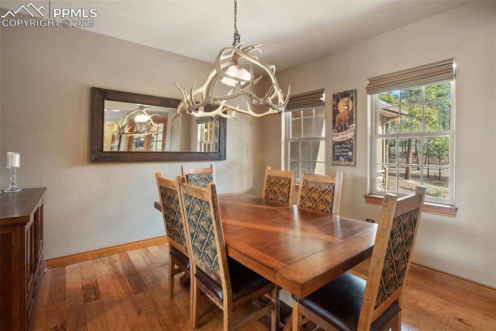 Image 22 of 48: Dining area with wood finished floors, baseboards, and a chandelier