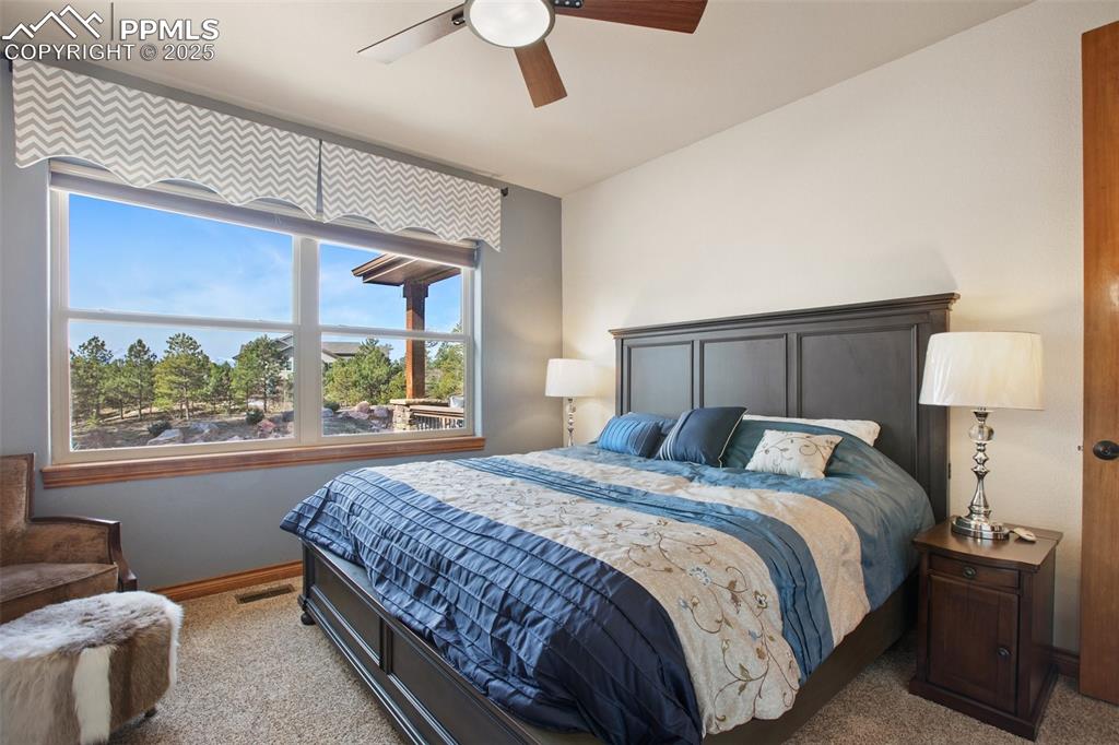 Image 27 of 48: Bedroom featuring carpet flooring, visible vents, baseboards, and ceiling f