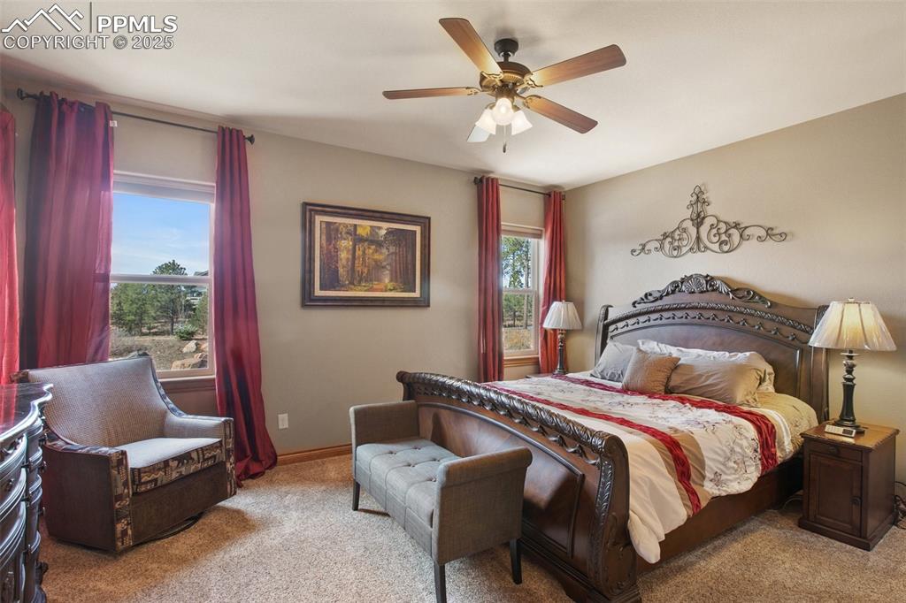 Image 30 of 48: Carpeted bedroom with baseboards and ceiling fan
