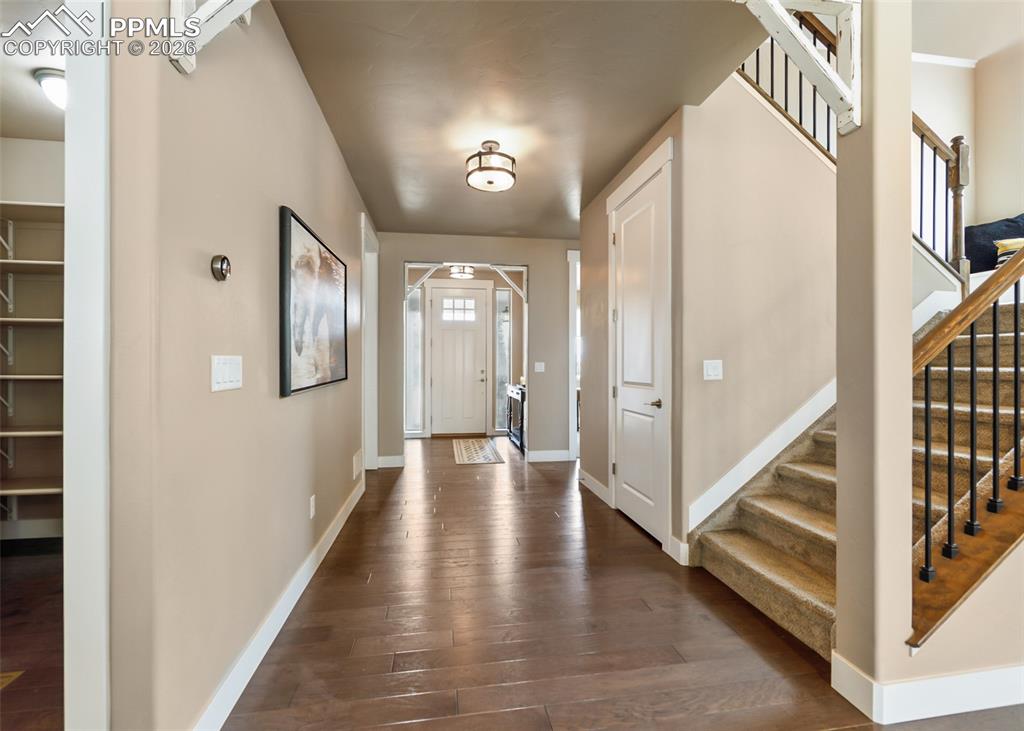 Image 6 of 50: Entryway featuring wood-finish flooring, a carpeted staircase with wood han