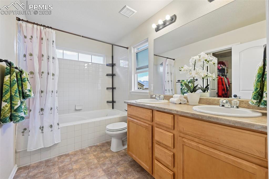 Image 22 of 44: Primary bathroom featuring a double vanity and a walk-in closet.