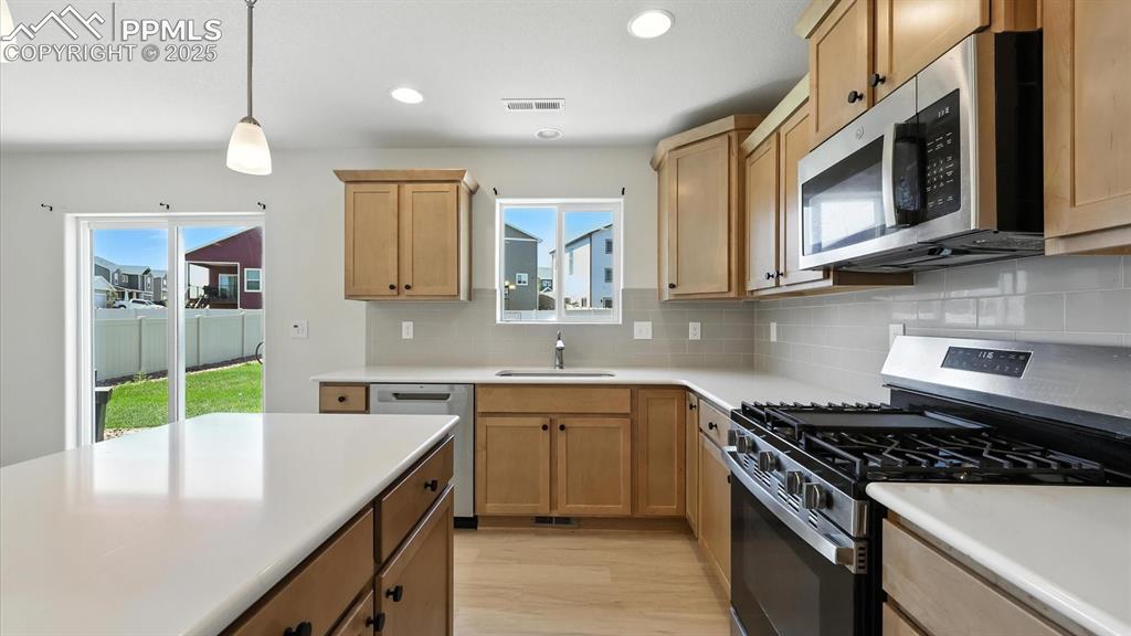 Image 16 of 50: Ample cabinetry and countertops for kitchen storage and easy food preparati