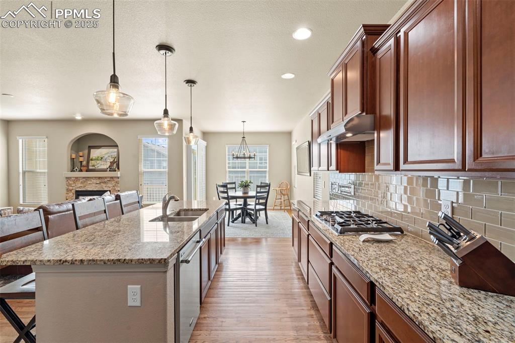 Image 16 of 44: Kitchen with a sink, a stone fireplace, stainless steel appliances, under c