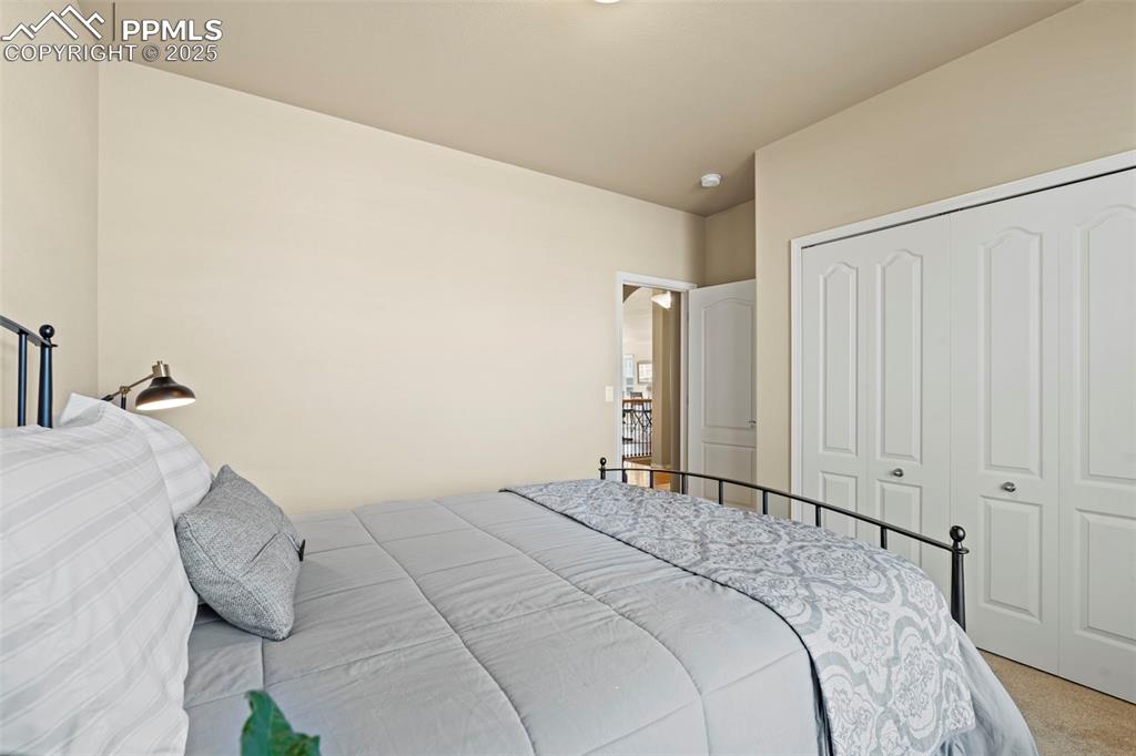 Image 31 of 44: Bedroom with light carpet and a closet