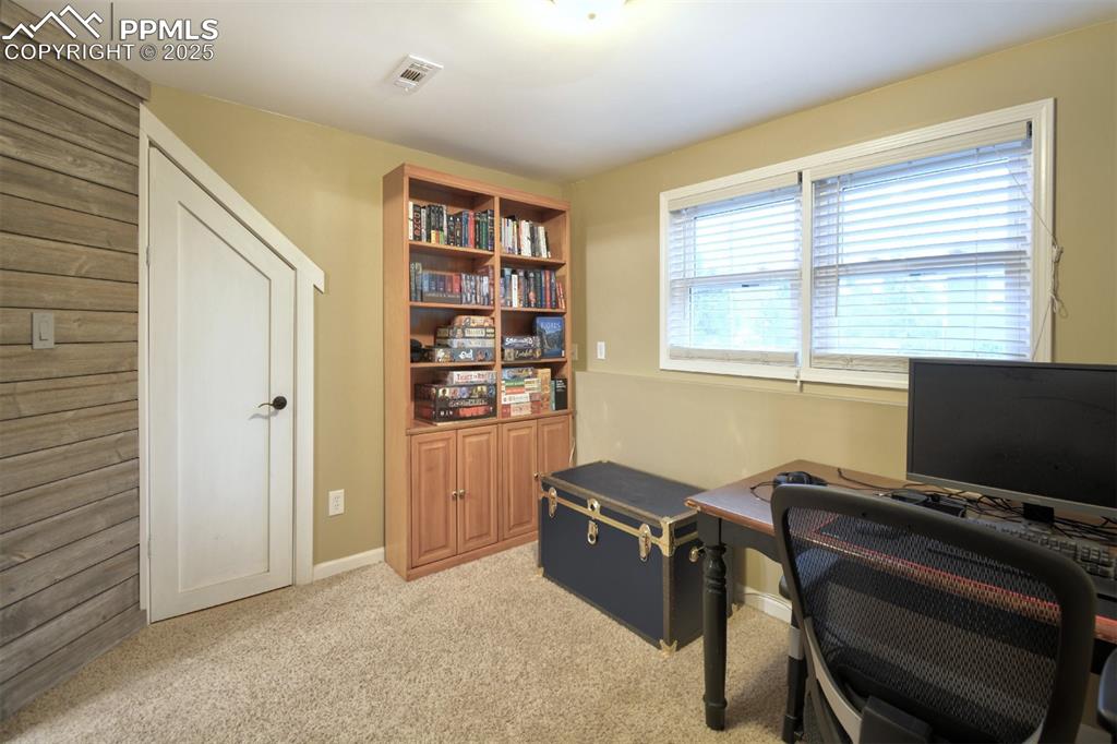 Image 21 of 32: Lower level bedroom has garden level windows, closet, carpet and shiplap ac