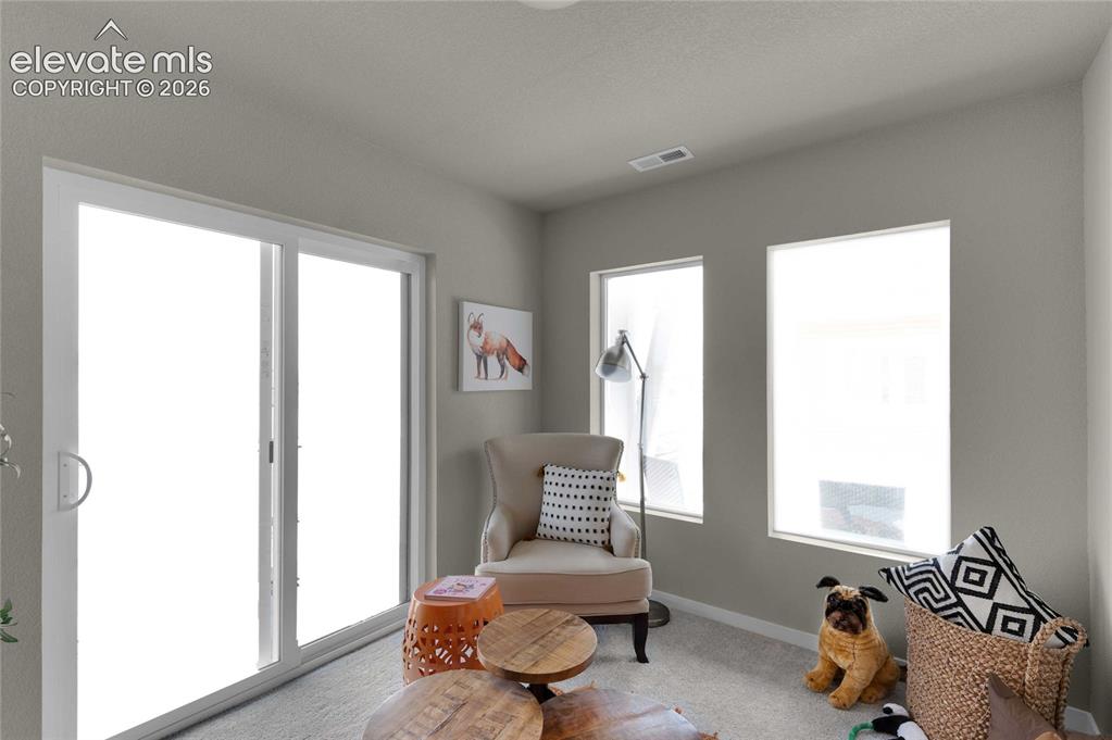 Image 6 of 31: Bright living area featuring a sliding glass door and two additional window
