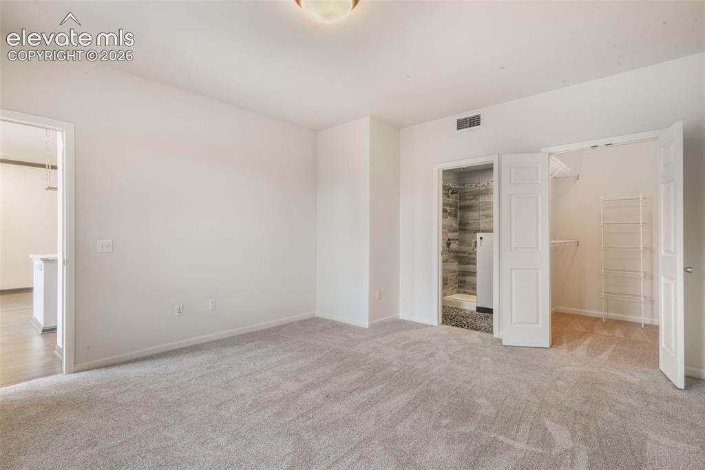 Image 36 of 50: Neutral-toned carpeting, flush-mount ceiling lighting, walk-in closet with 