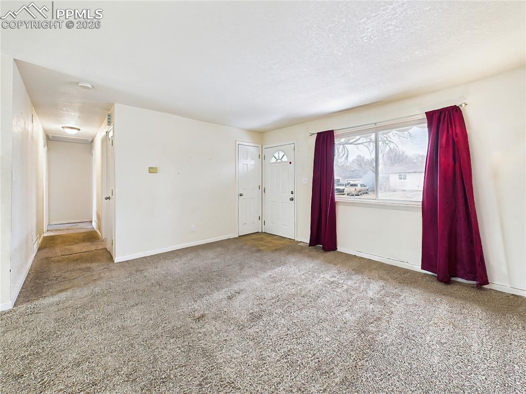 Image 7 of 50: A wide front-facing window adds natural light to this comfortable living ar