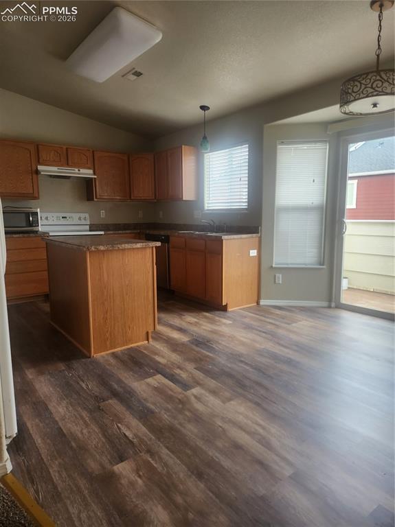 Image 10 of 25: Kitchen featuring lofted ceiling, dark wood finished floors, a center islan