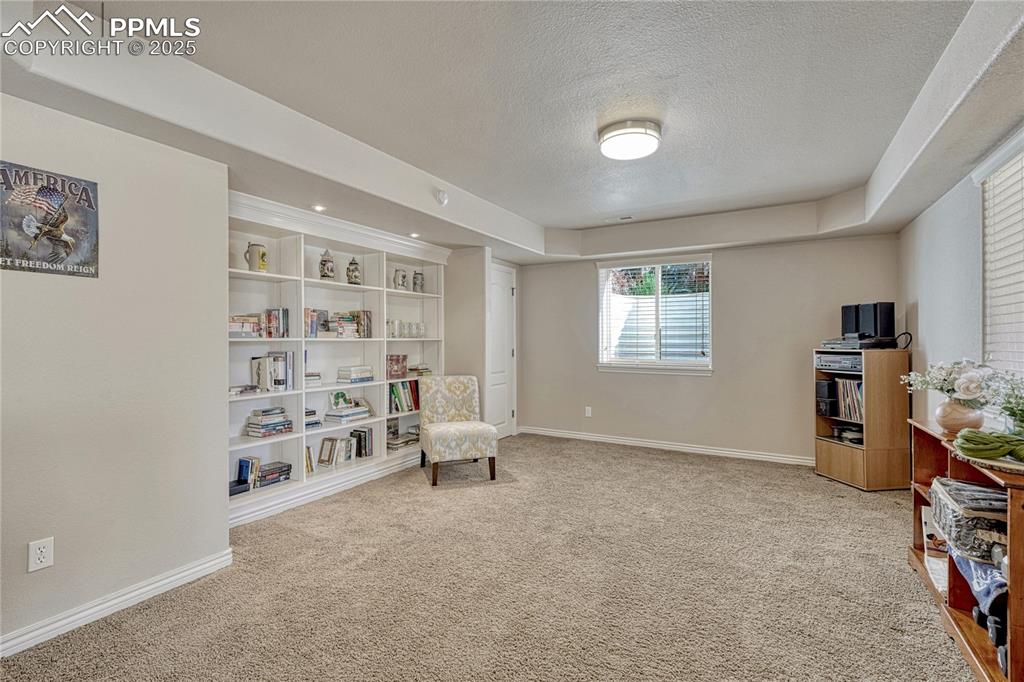 Image 39 of 48: Adjoining rec room with built-in shelves and above ground window and a walk