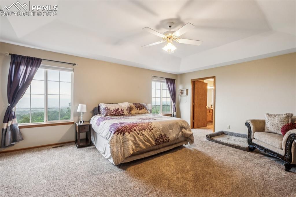 Image 24 of 43: Carpeted bedroom featuring a tray ceiling, ensuite bathroom, and ceiling fa