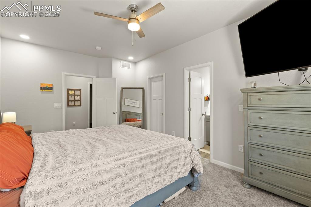 Image 16 of 23: Bedroom featuring light carpet, ceiling fan, recessed lighting, and connect