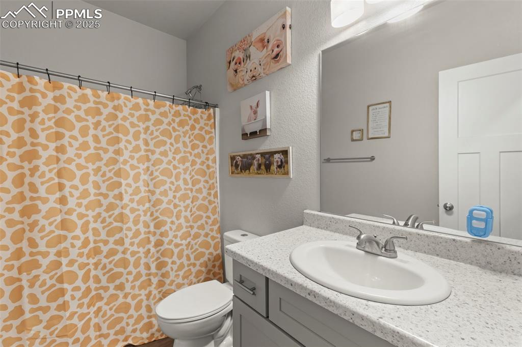 Image 18 of 23: Full bathroom featuring vanity, a textured wall, and a shower with shower c