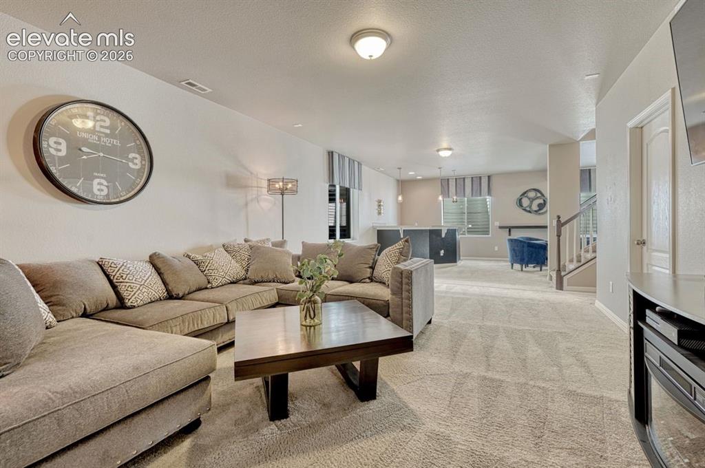 Image 32 of 50: Huge family room that is carpeted and features wet bar