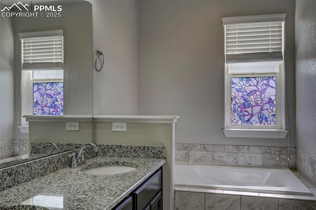 Image 28 of 50: Bathroom featuring plenty of natural light, a bath, and vanity