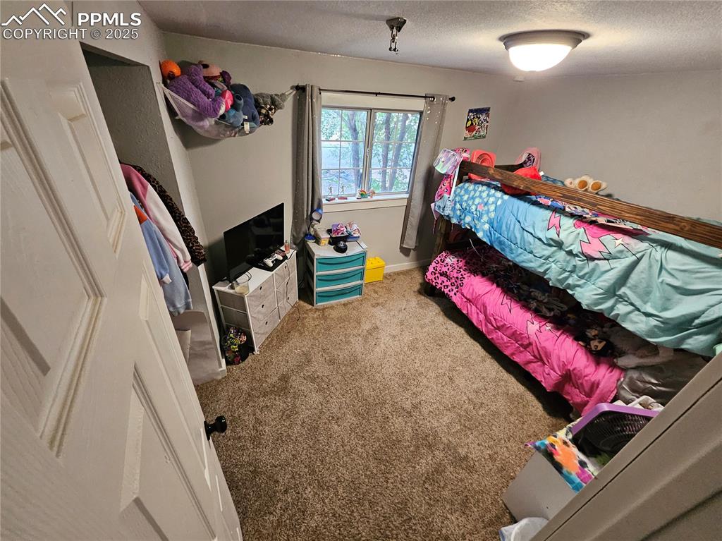 Image 13 of 23: Carpeted bedroom with a textured ceiling