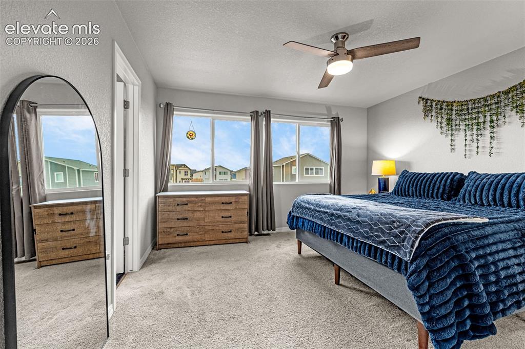 Image 4 of 46: Carpeted room featuring a ceiling fan with integrated lighting, multiple wi
