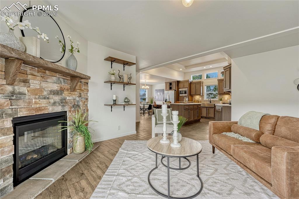 Image 6 of 48: Stone surround and mantel along with a great amount of light from the South