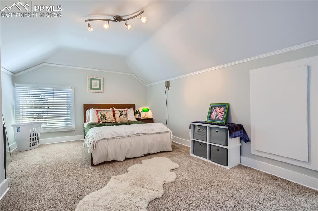 Image 42 of 49: Bedroom with light carpet, ornamental molding, track lighting, 