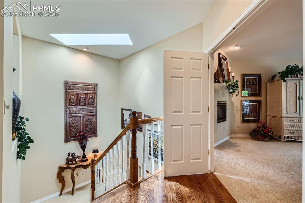 Image 13 of 49: Corridor featuring a skylight, an upstairs landing, and carpet