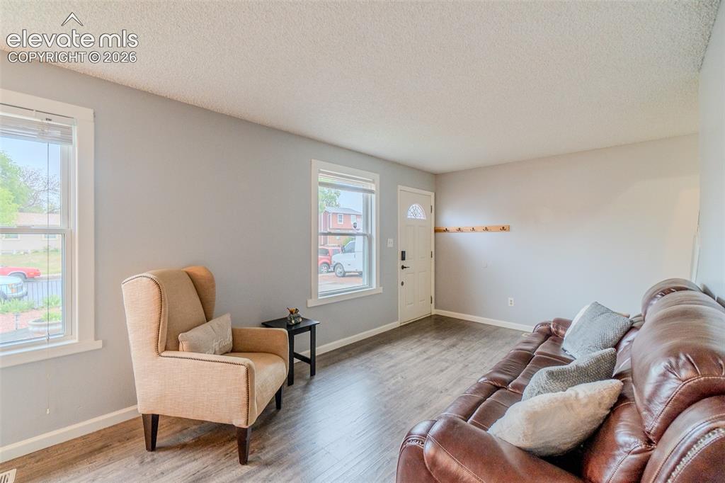 Image 6 of 33: Spacious living area featuring wood-finish flooring, light gray wall paint,