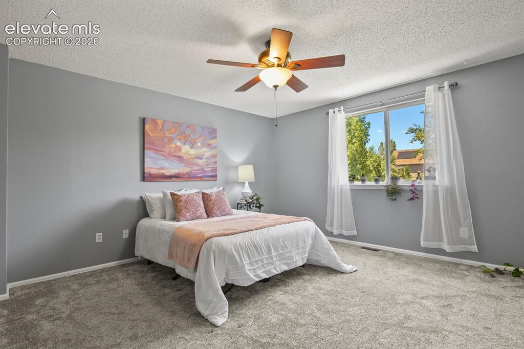 Image 18 of 46: Carpeted room with a ceiling fan light fixture, light gray wall paint, and