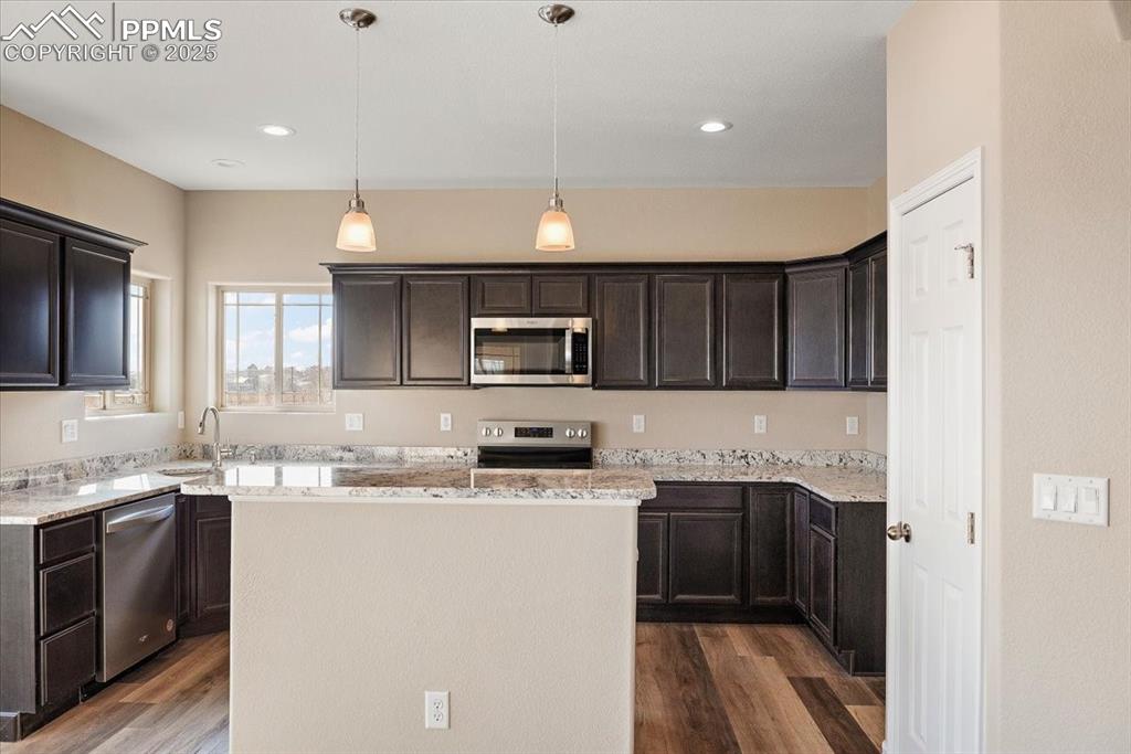 Image 11 of 45: Kitchen with dark wood-style flooring, stainless steel appliances, decorati