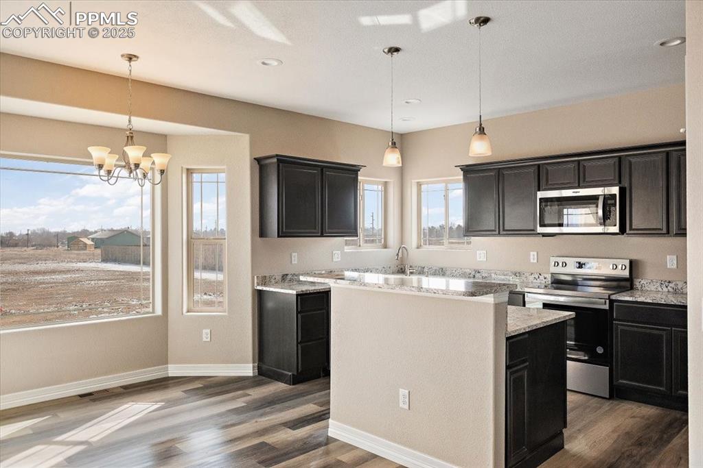 Image 12 of 45: Kitchen featuring appliances with stainless steel finishes, dark wood-type