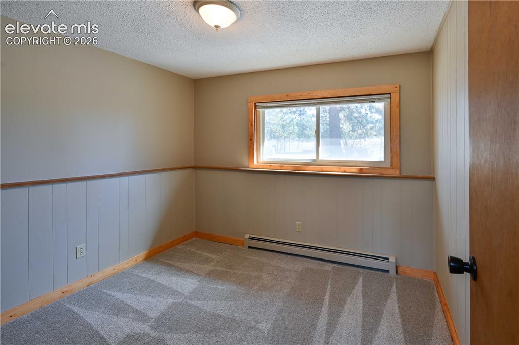 Image 28 of 40: Carpeted room featuring a window with wood trim, wall paneling, and a flush