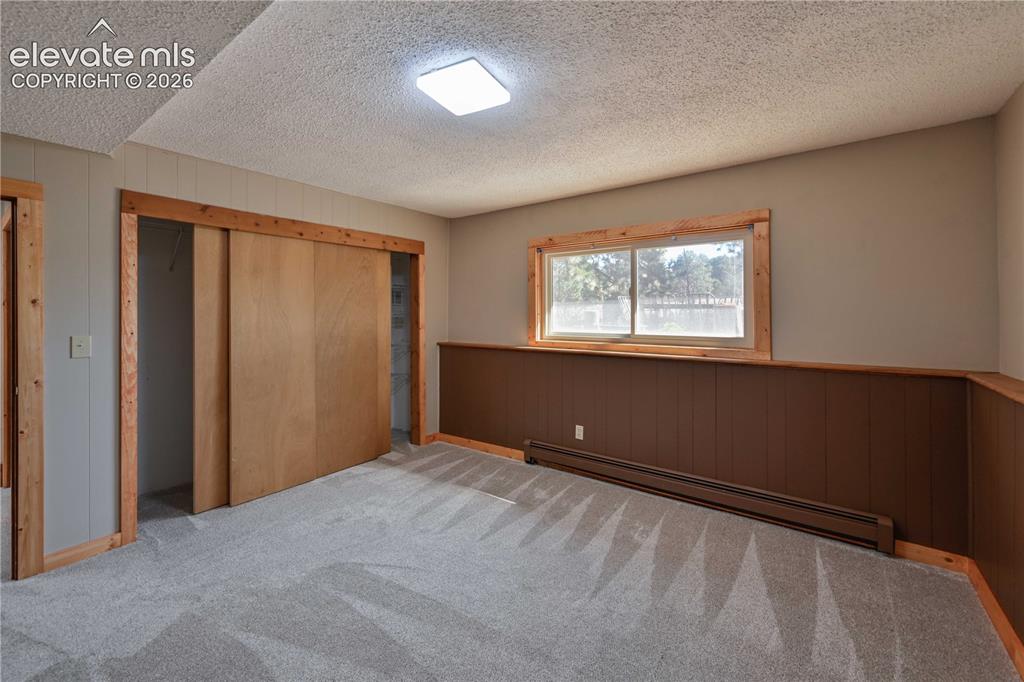 Image 29 of 40: Plush carpeting, wood-paneled wainscoting, and a window with wood trim