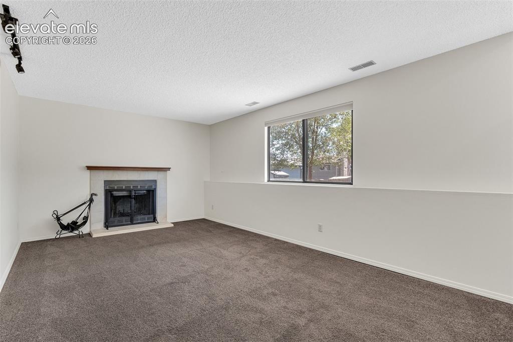 Image 24 of 33: Fireplace with a wood mantle, neutral carpeting, and track lighting