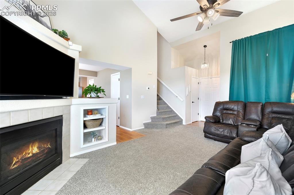 Image 5 of 30: Living Room With View Of Gas Fireplace And Built-In Shelving  