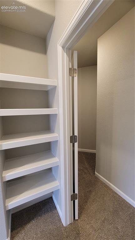 Image 34 of 36: Shelving at the bottom of the stairs and a finished storage closet, located