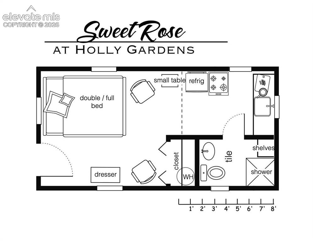 Image 32 of 50: Sweet Rose Cottage Floor Plan – illustrating the efficient studio-style lay