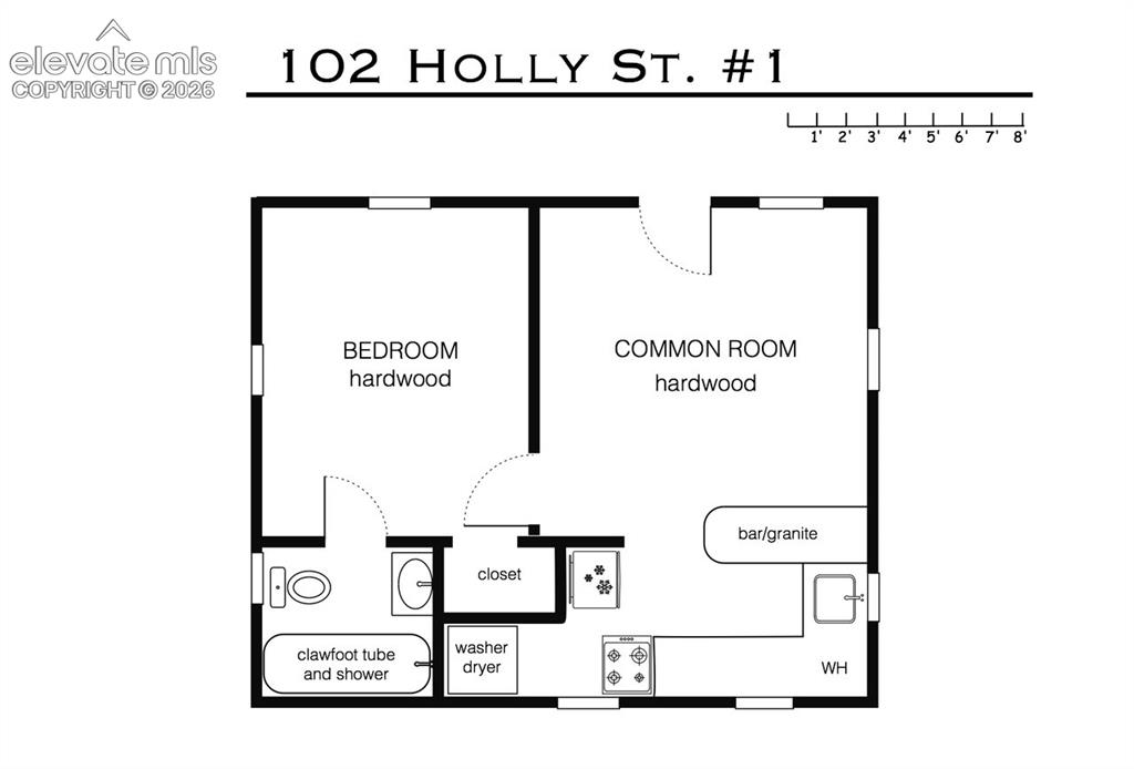 Image 39 of 50: Cottage #1 Floor Plan – Floor plan illustrating the one-bedroom layout with