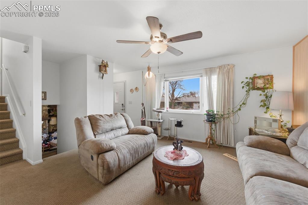 Image 7 of 24: Expansive living area with neutral carpeting and a ceiling fan