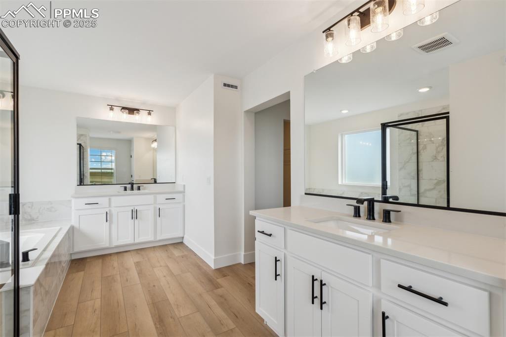 Image 9 of 22: Bathroom featuring wood finished floors, visible vents, plenty of natural l
